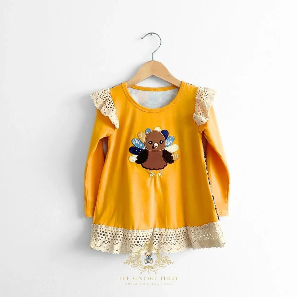 NWT Cute Girls Top & Long Pants Matching Set Embroidered Turkey Orange Blue 6-7Y - Picture 2 of 5